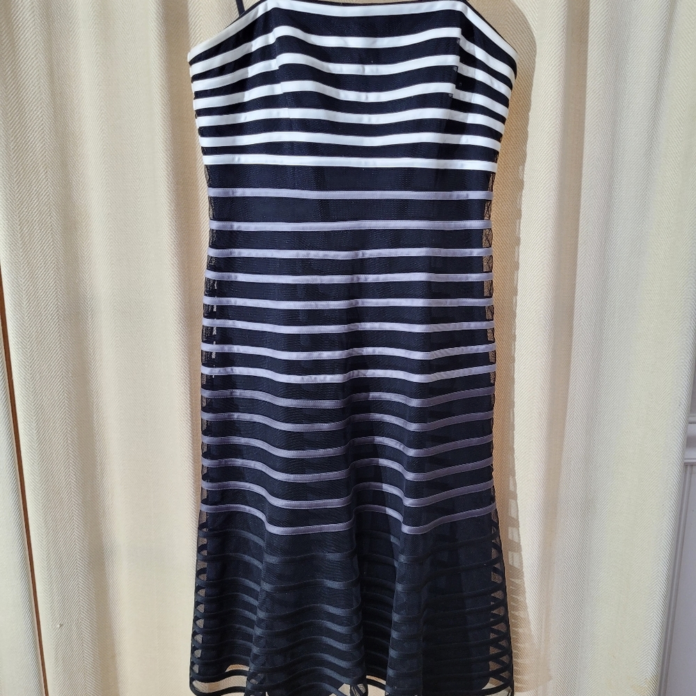 White House Black Market black dress with white to gray stripes sewn in